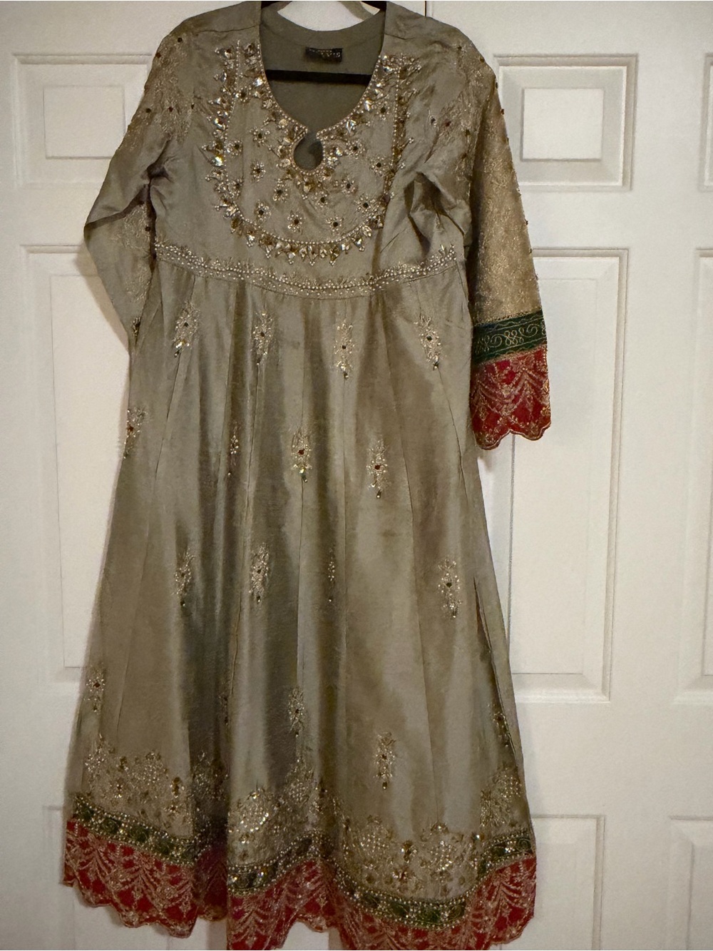 Embroidered Gold-Sage green Women Party Dress with Pink Trim